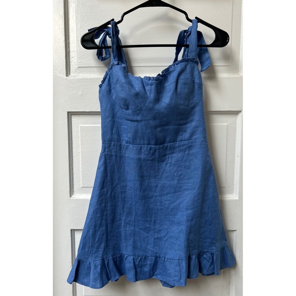 Reformation Desiree Linen Mini Dress Blue Ruffle Sweetheart Size 4 - Picture 4 of 9